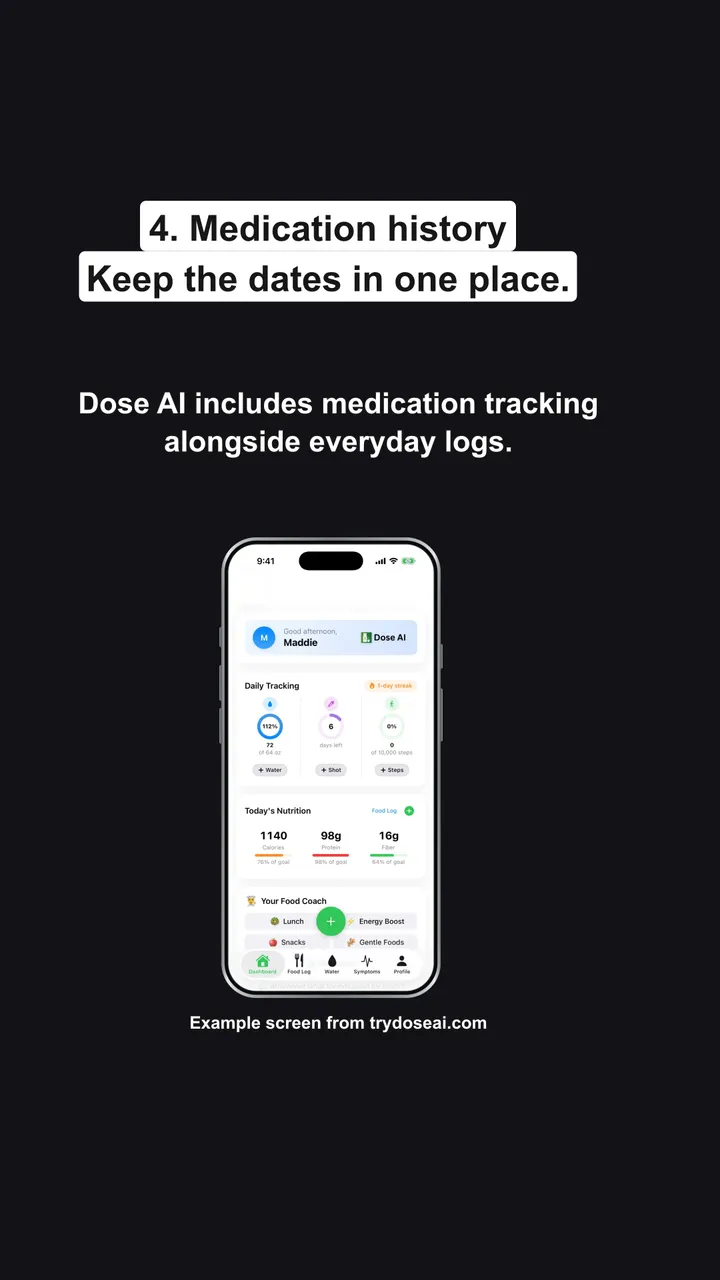 Medication history slide showing the real Dose AI app screen.