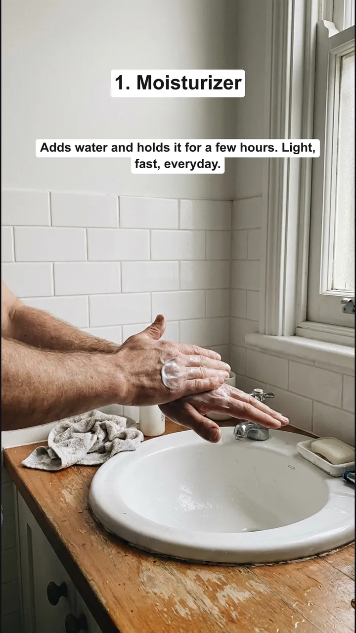 Moisturizer slide over hands applying lotion at a sink.