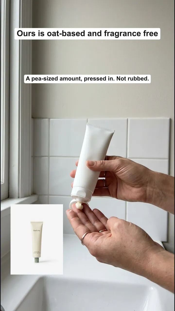 Product slide with hands squeezing balm and the Oat & Ivy packshot inserted.