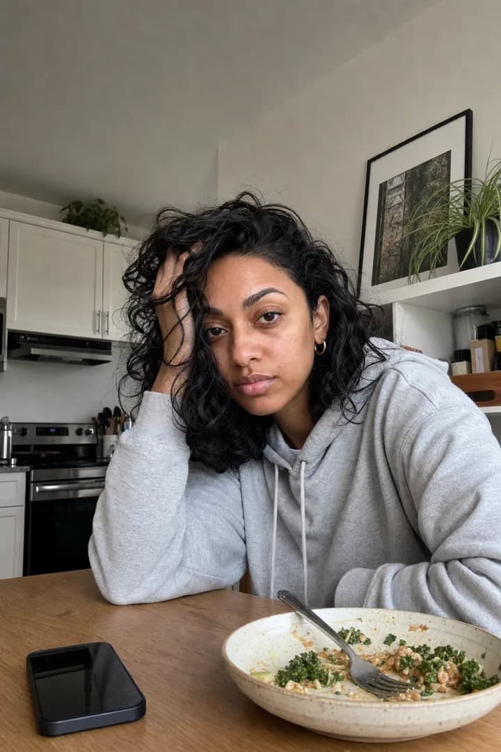Maya in a grey hoodie slumped at a kitchen table over a half-finished lunch, phone face-down.