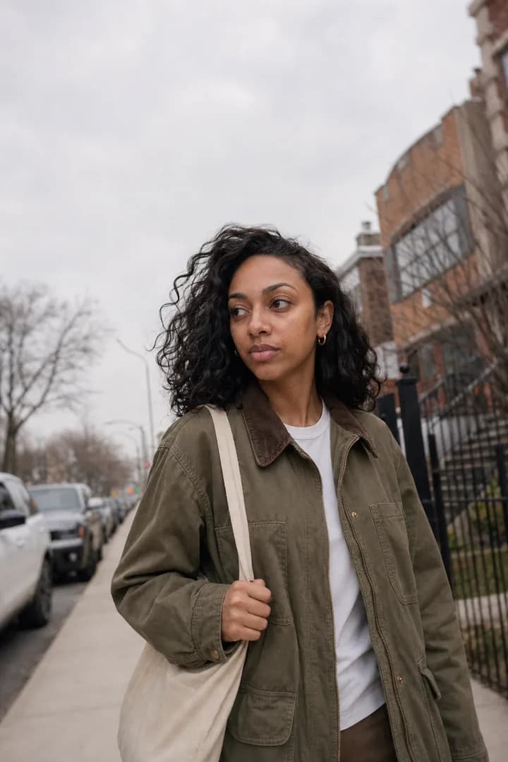 Maya in an olive canvas jacket walking down an overcast city sidewalk with a tote bag.