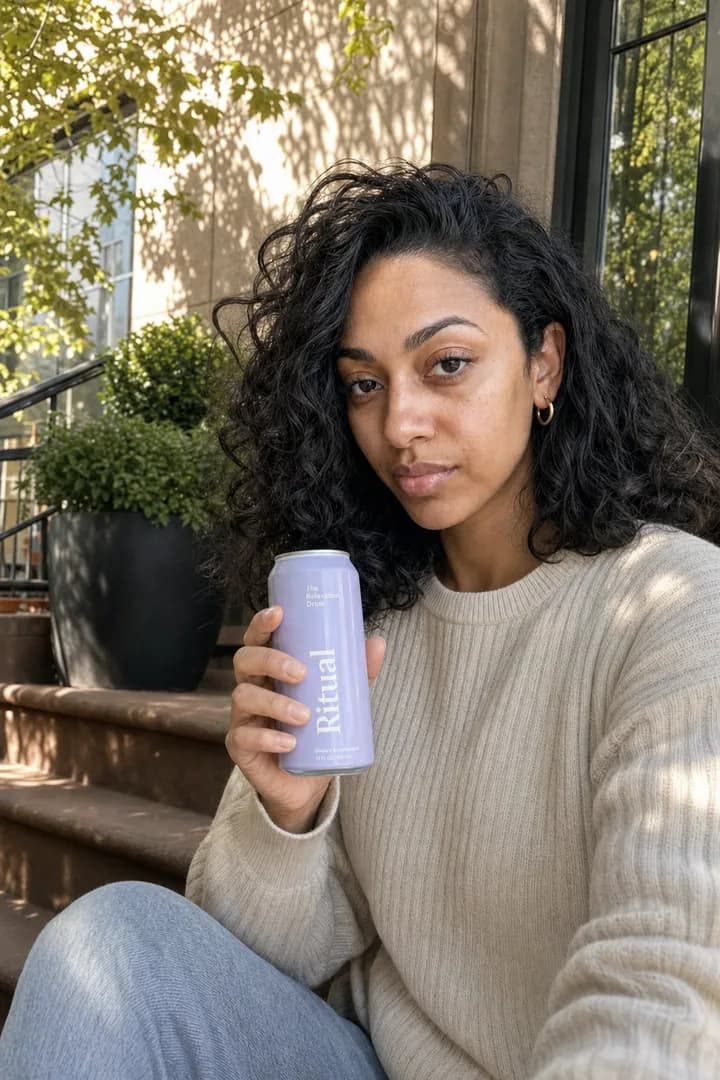 Maya on a stoop in an oatmeal knit holding an opened lavender Ritual wellness can.