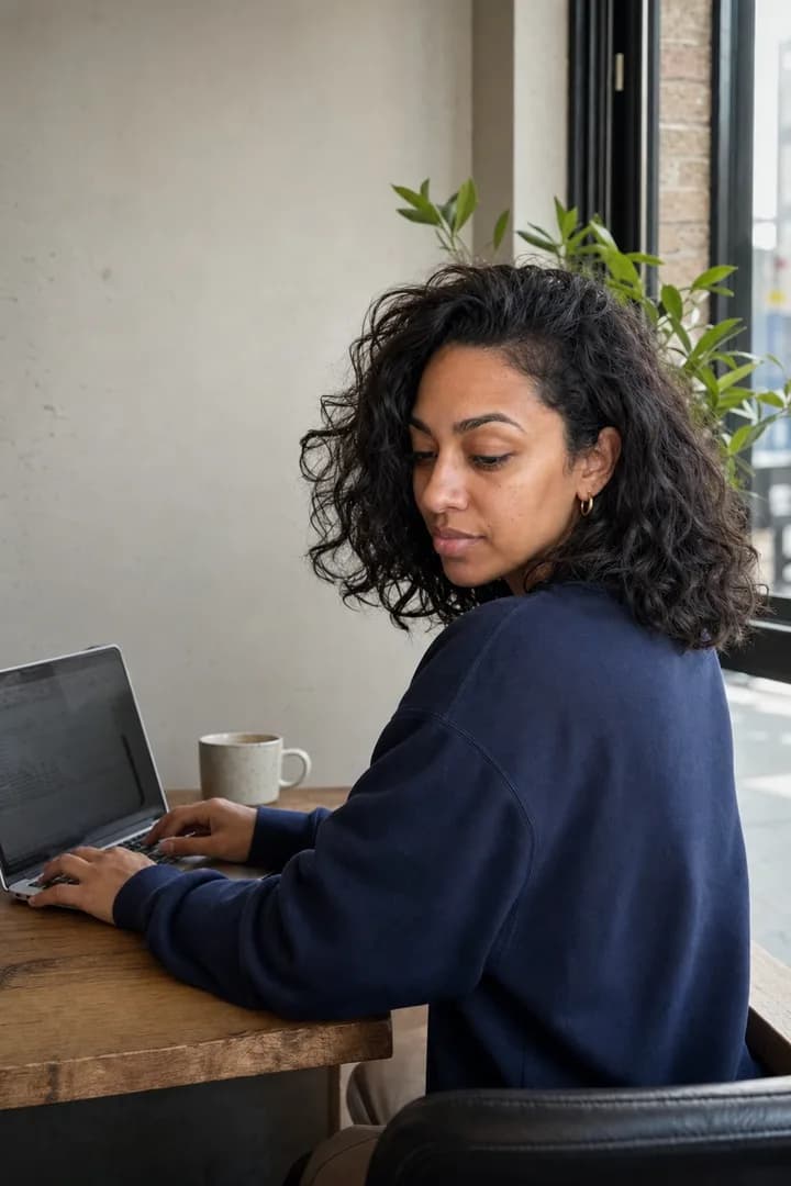 Maya in a navy crewneck typing on a laptop at a cafe table, seen over her shoulder.