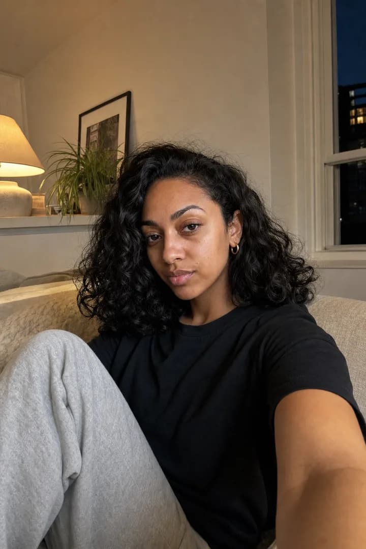 Maya in a black tee on a couch under a warm lamp, taking a casual arm's-length selfie.